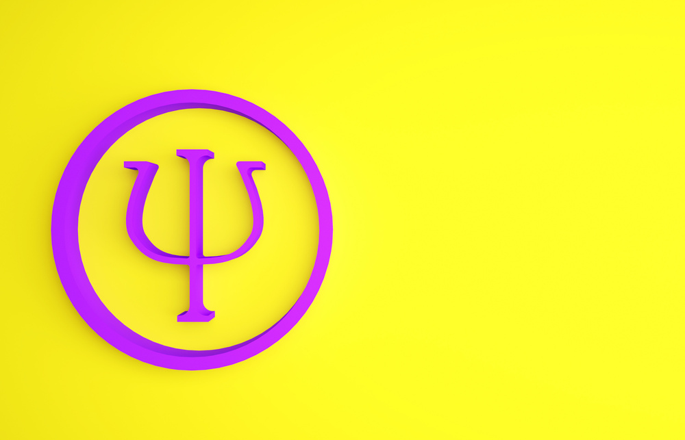 Purple Psychology Icon Isolated on Yellow Background. Psi Symbol. Mental Health Concept, Psychoanalysis Analysis and Psychotherapy. Minimalism Concept. 3D Illustration 3D Render