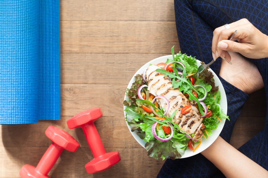 Healthy Lifestyle, Sporty Woman Eating Salad Flat Lay